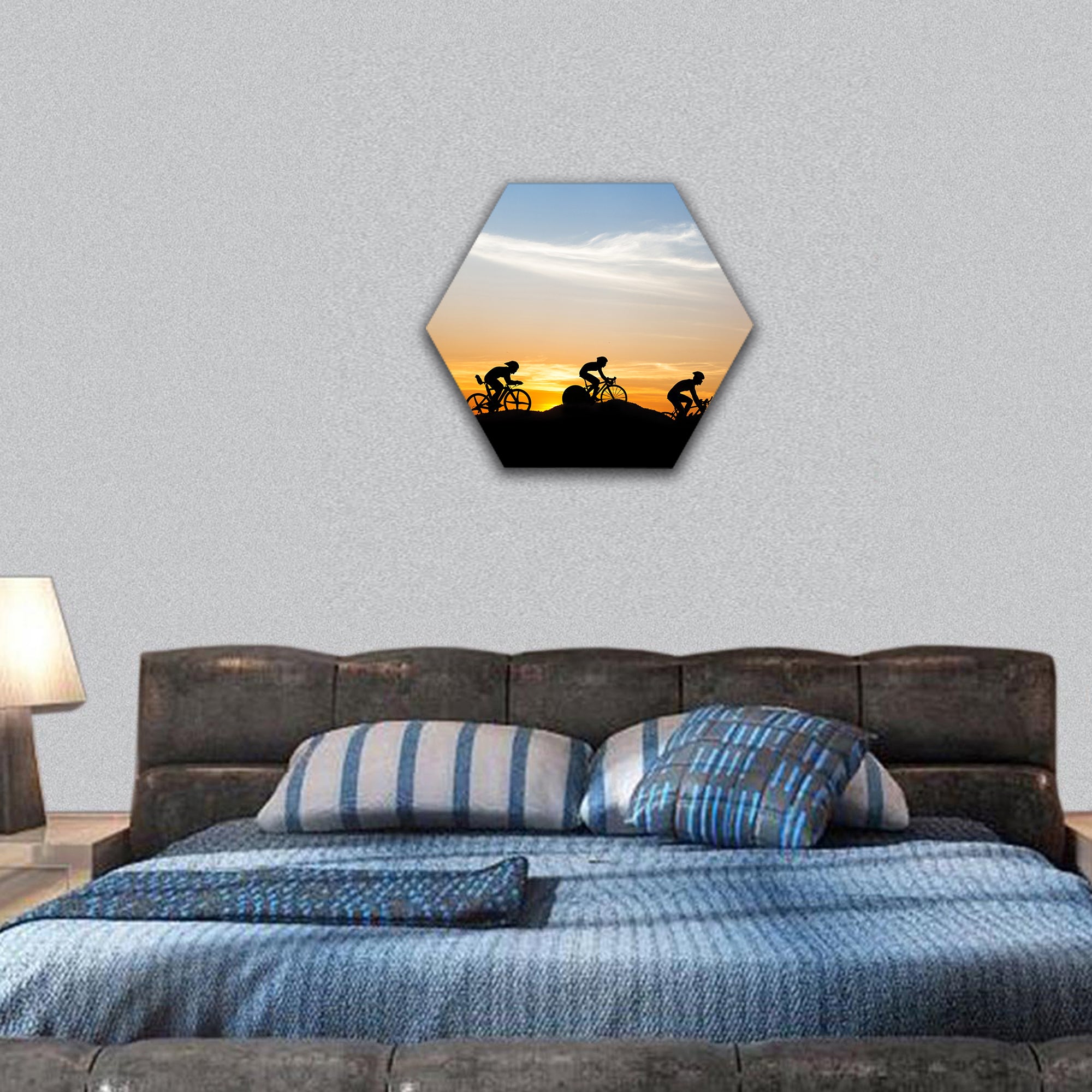 Cycling at mountain on twilight time hexagonal canvas wall art