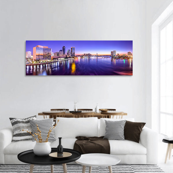 USA city skyline panorama on St. Johns River at dawn panoramic canvas wall art
