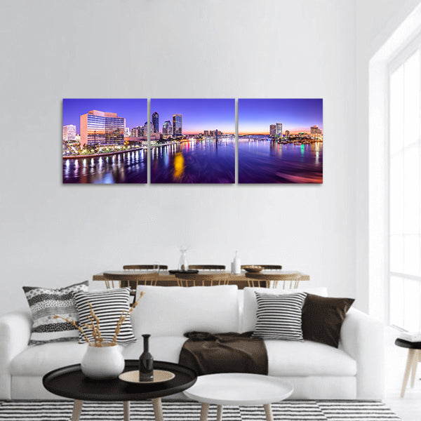 USA city skyline panorama on St. Johns River at dawn panoramic canvas wall art
