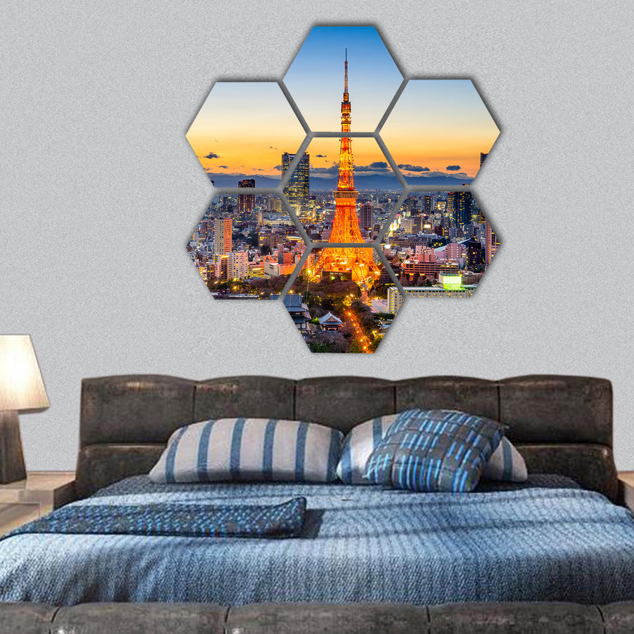 Japan skyline at Tokyo Tower hexagonal canvas wall art