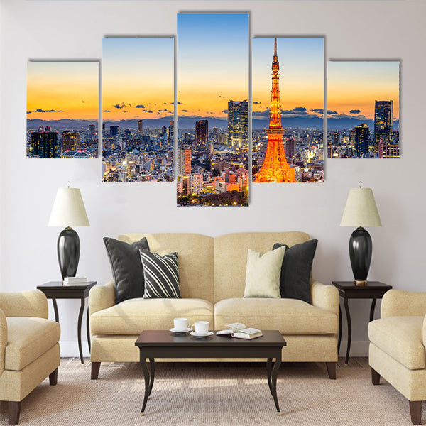 Tokyo, Japan skyline at Tokyo Tower Multi panel canvas wall art
