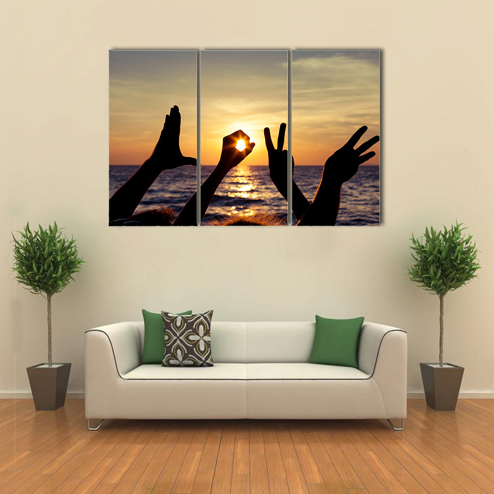 Love sign language at the sunset time multi panel canvas wall art