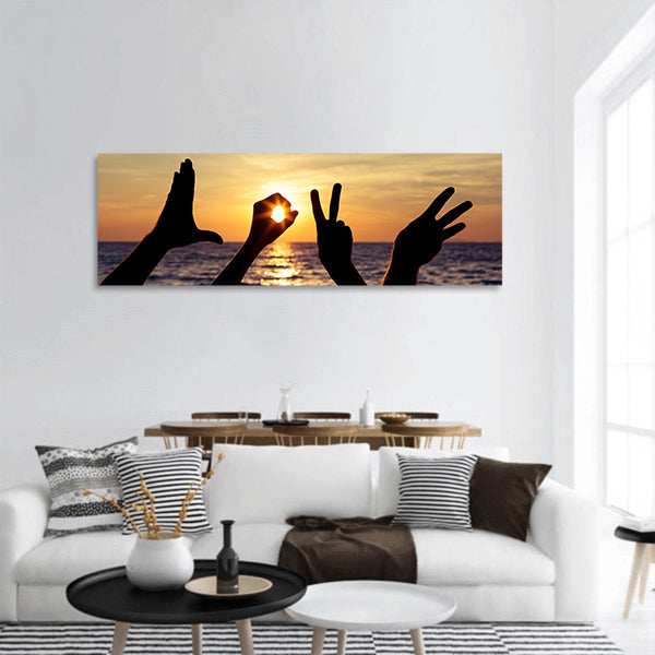 Love sign language at the sunset time panoramic canvas wall art