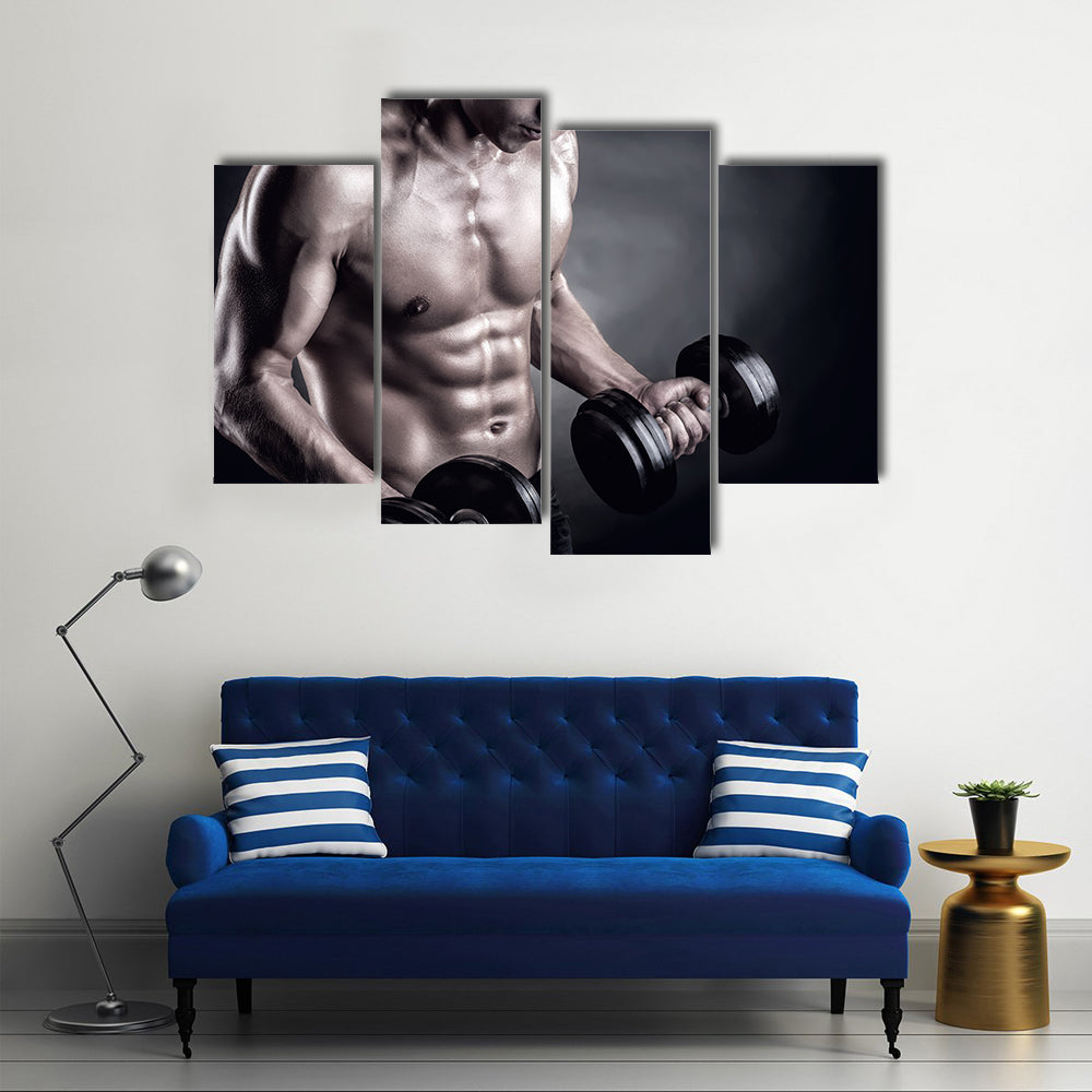 Close up of a muscular young man lifting weights on dark background, Multi panel canvas wall art
