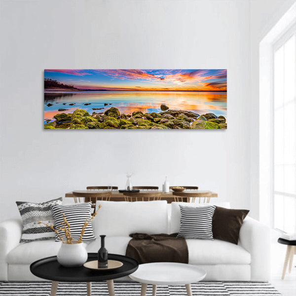 Sunset over Benbrook Lake mossy rocks in foreground panoramic canvas wall art