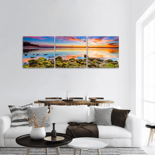 Sunset over Benbrook Lake mossy rocks in foreground panoramic canvas wall art