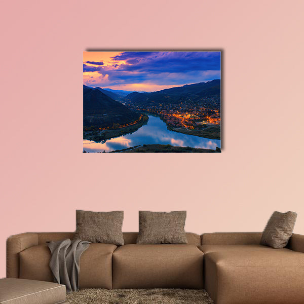 Night panoramic view of Mtskheta city from Jvari Monastery, in the Georgia multi panel canvas wall art