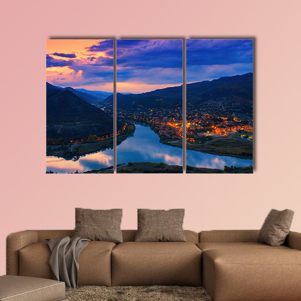 Night panoramic view of Mtskheta city from Jvari Monastery, in the Georgia multi panel canvas wall art