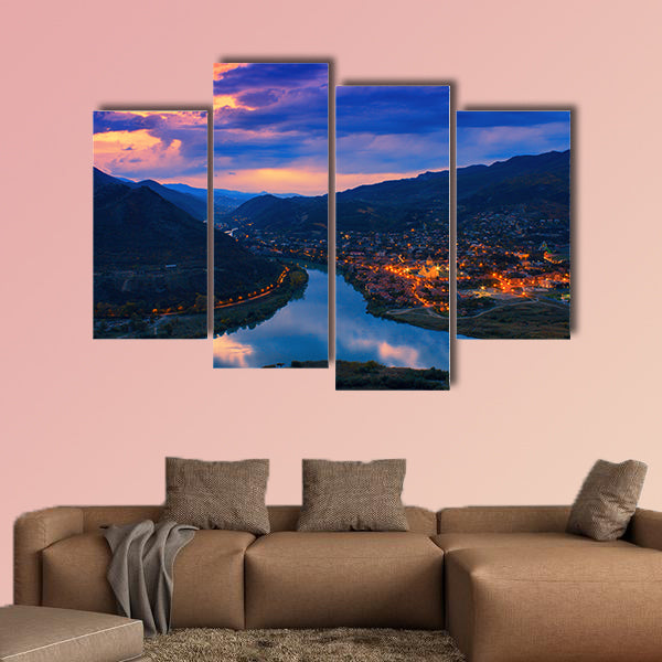 Night panoramic view of Mtskheta city from Jvari Monastery, in the Georgia multi panel canvas wall art