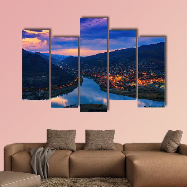 Night panoramic view of Mtskheta city from Jvari Monastery, in the Georgia multi panel canvas wall art