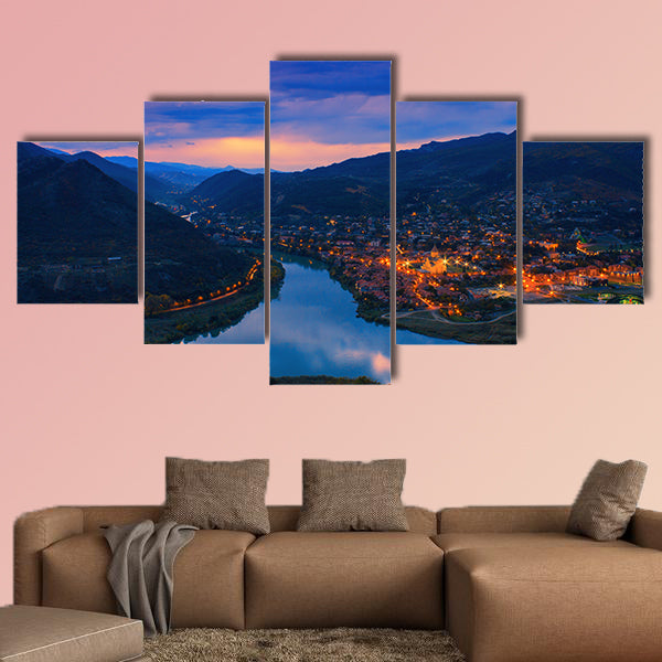 Night panoramic view of Mtskheta city from Jvari Monastery, in the Georgia multi panel canvas wall art