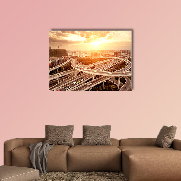 Skyline and traffic trails on highway intersection multi panel canvas wall art