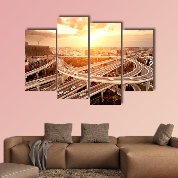 Skyline and traffic trails on highway intersection multi panel canvas wall art