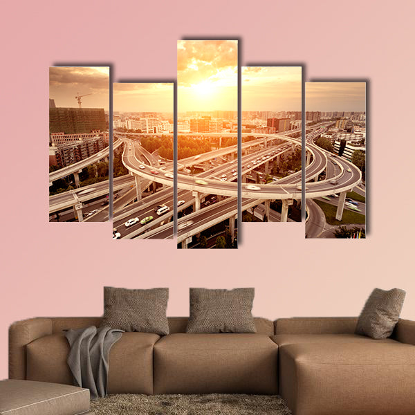 Skyline and traffic trails on highway intersection multi panel canvas wall art