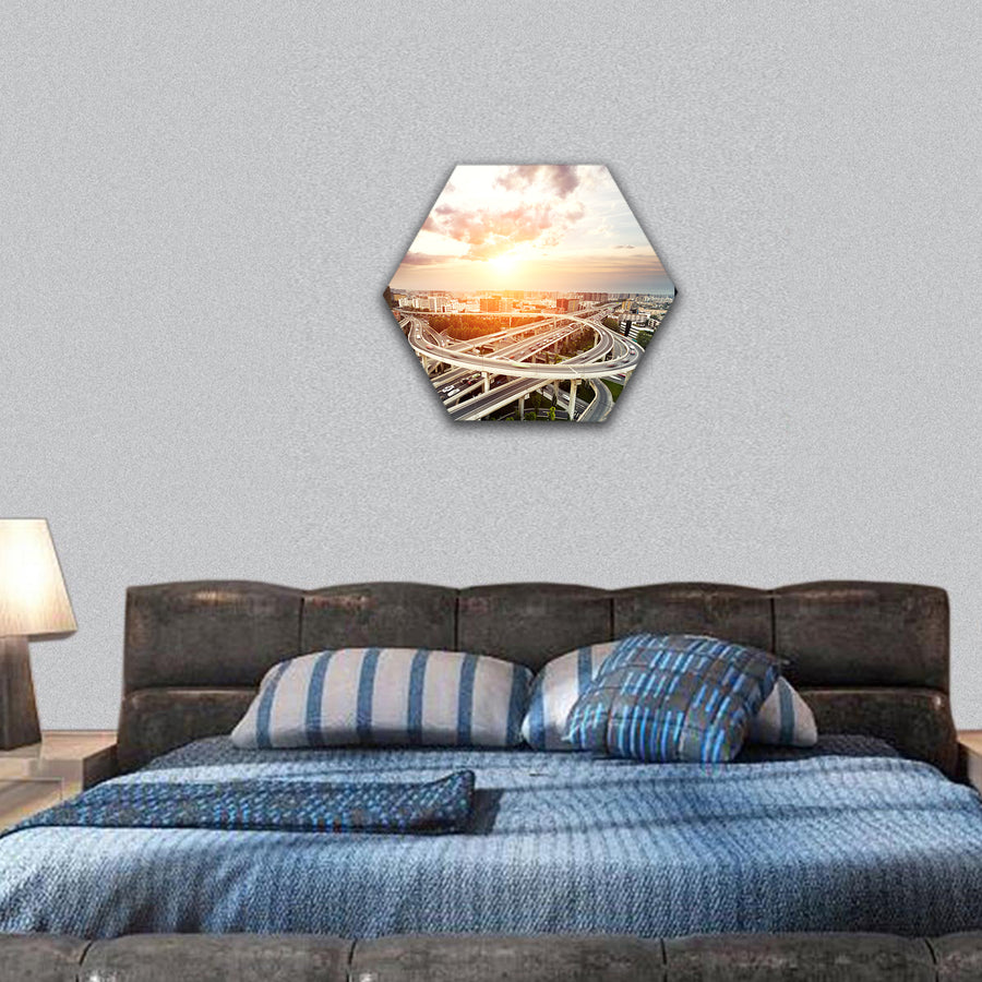 Skyline and traffic trails on highway hexagonal canvas wall art