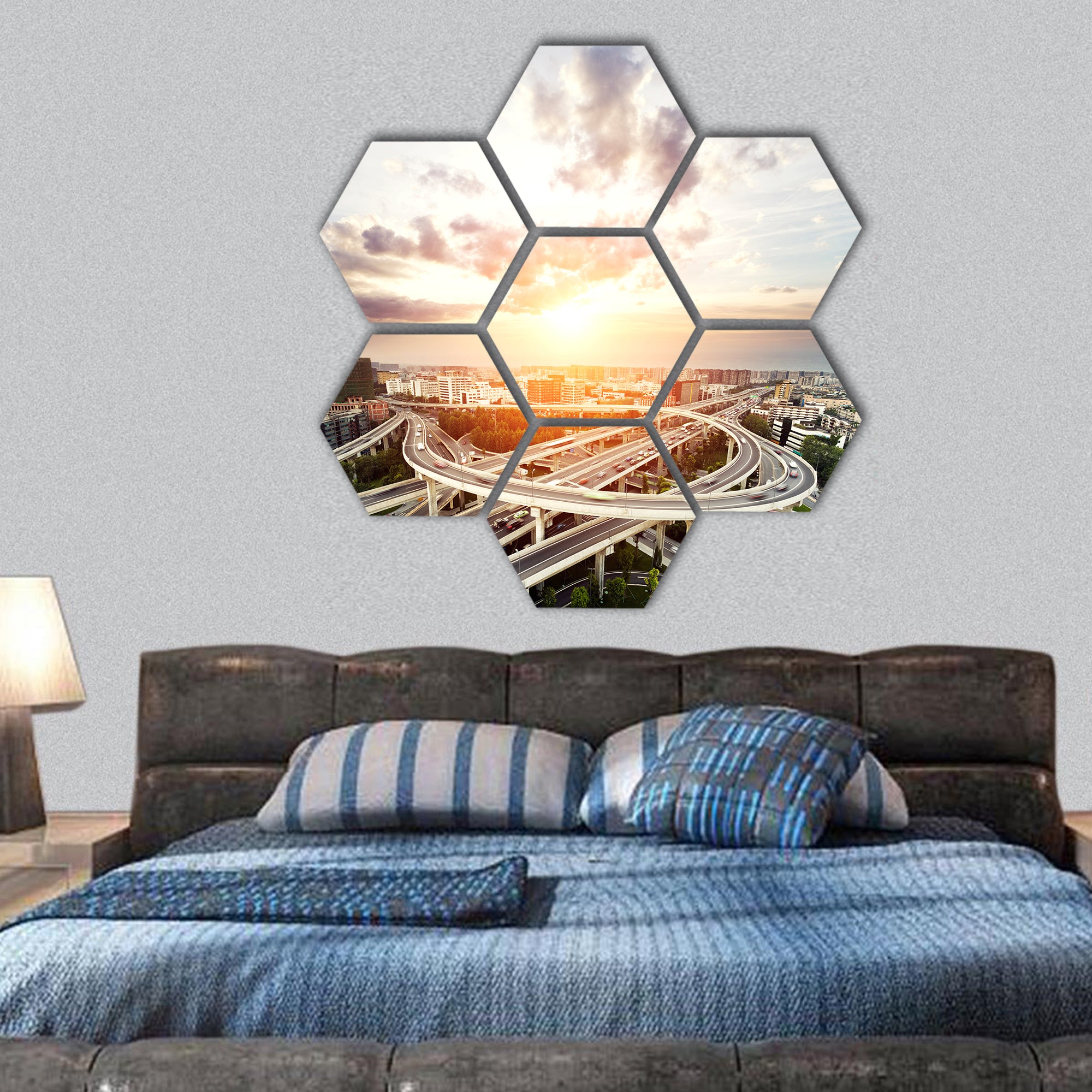 Skyline and traffic trails on highway hexagonal canvas wall art