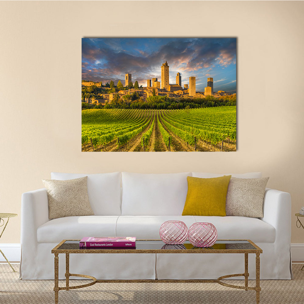 The Vineyards of San Gimignano, Tuscany, Italy Multi Panel Canvas Wall Art