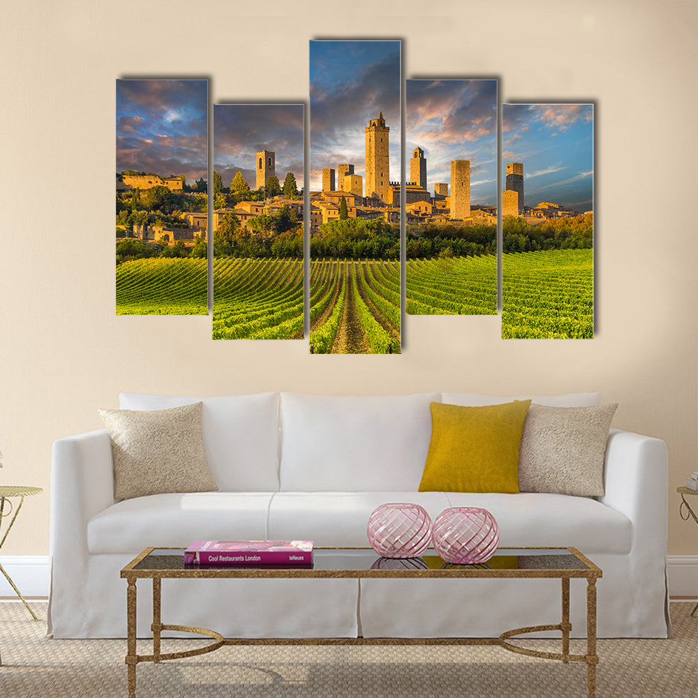 The Vineyards of San Gimignano, Tuscany, Italy Multi Panel Canvas Wall Art