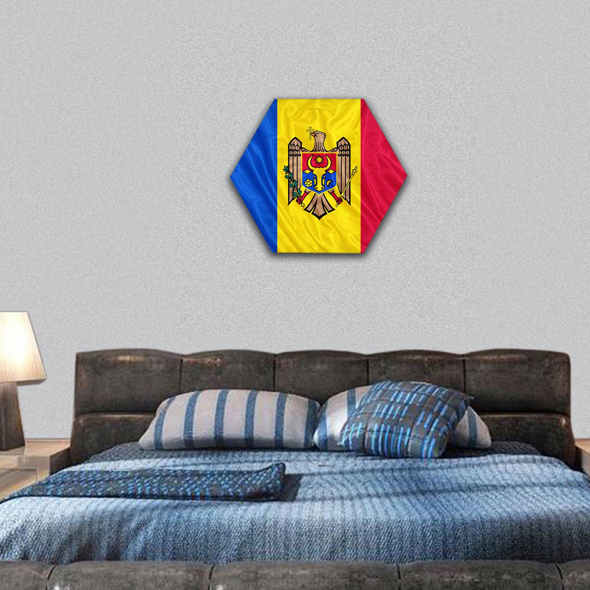 Moldova flag pattern on the fabric texture ,vintage style hexagonal canvas wall art