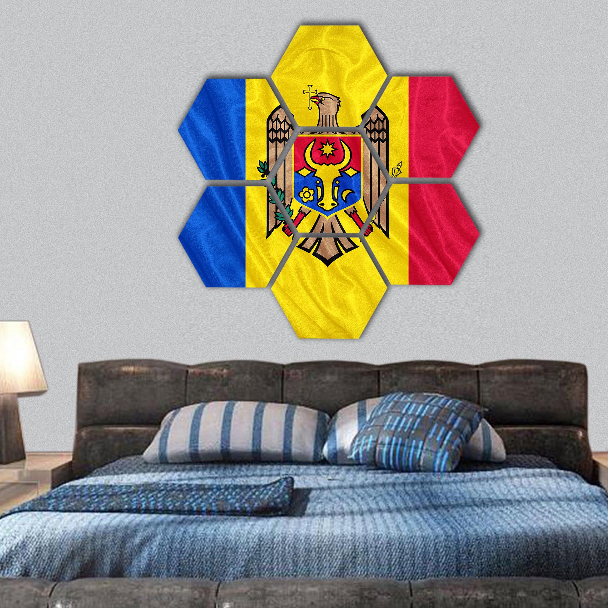 Moldova flag pattern on the fabric texture ,vintage style hexagonal canvas wall art