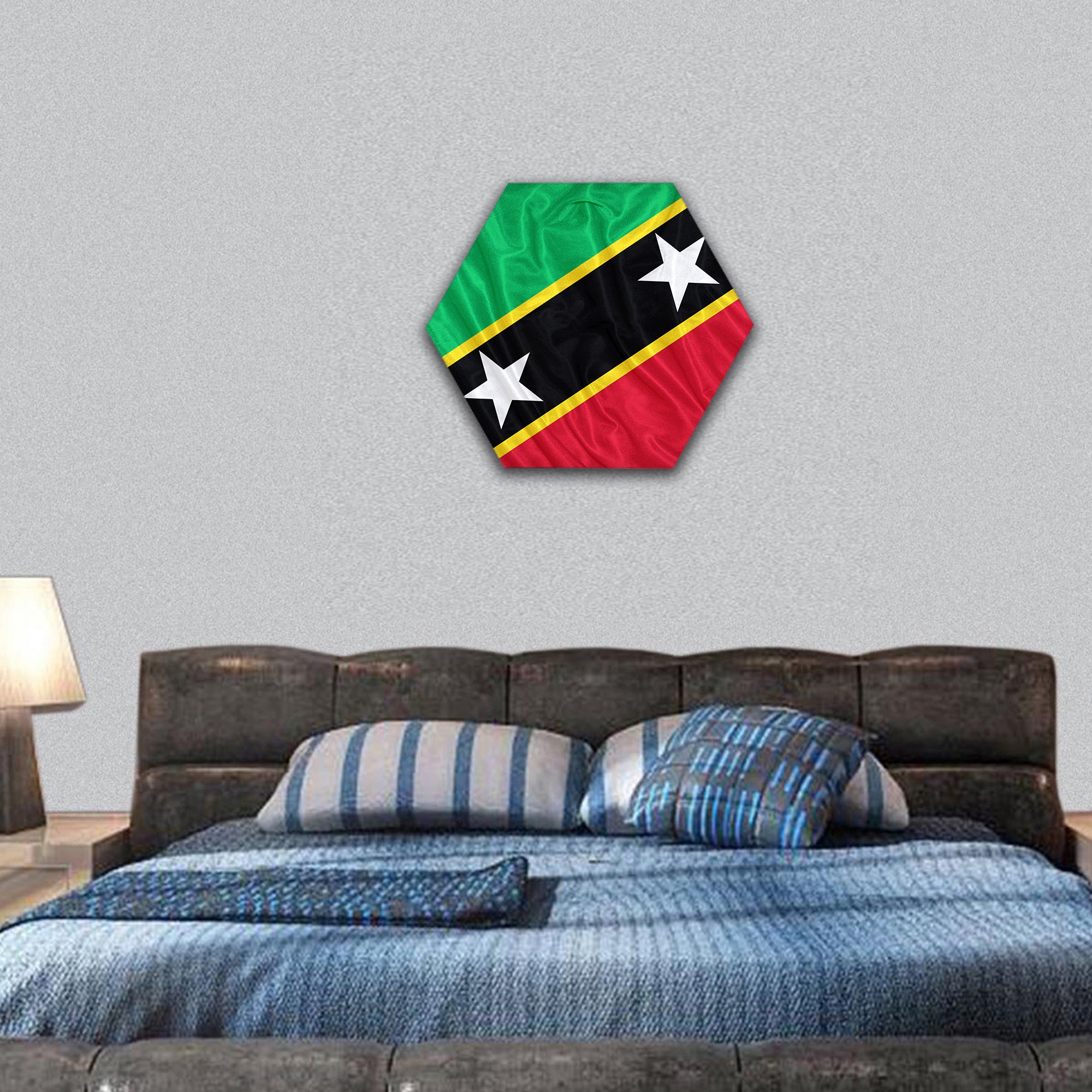 Saint Kitts and Nevis flag pattern on fabric texture ,vintage style hexagonal canvas wall art