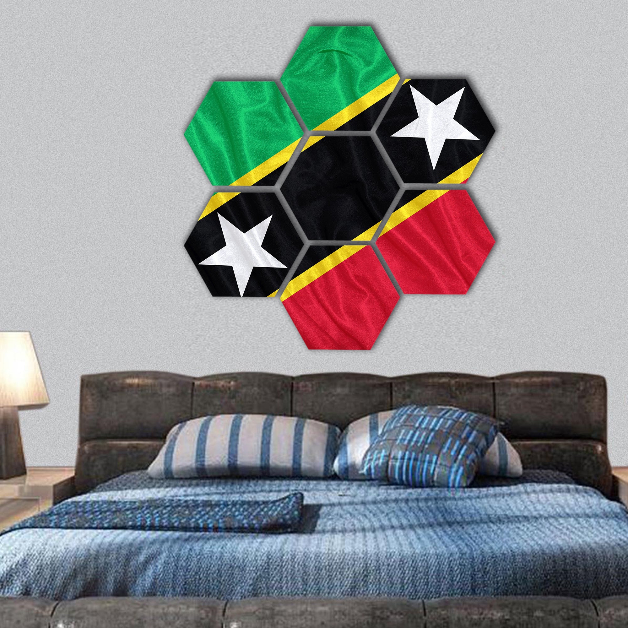Saint Kitts and Nevis flag pattern on fabric texture ,vintage style hexagonal canvas wall art