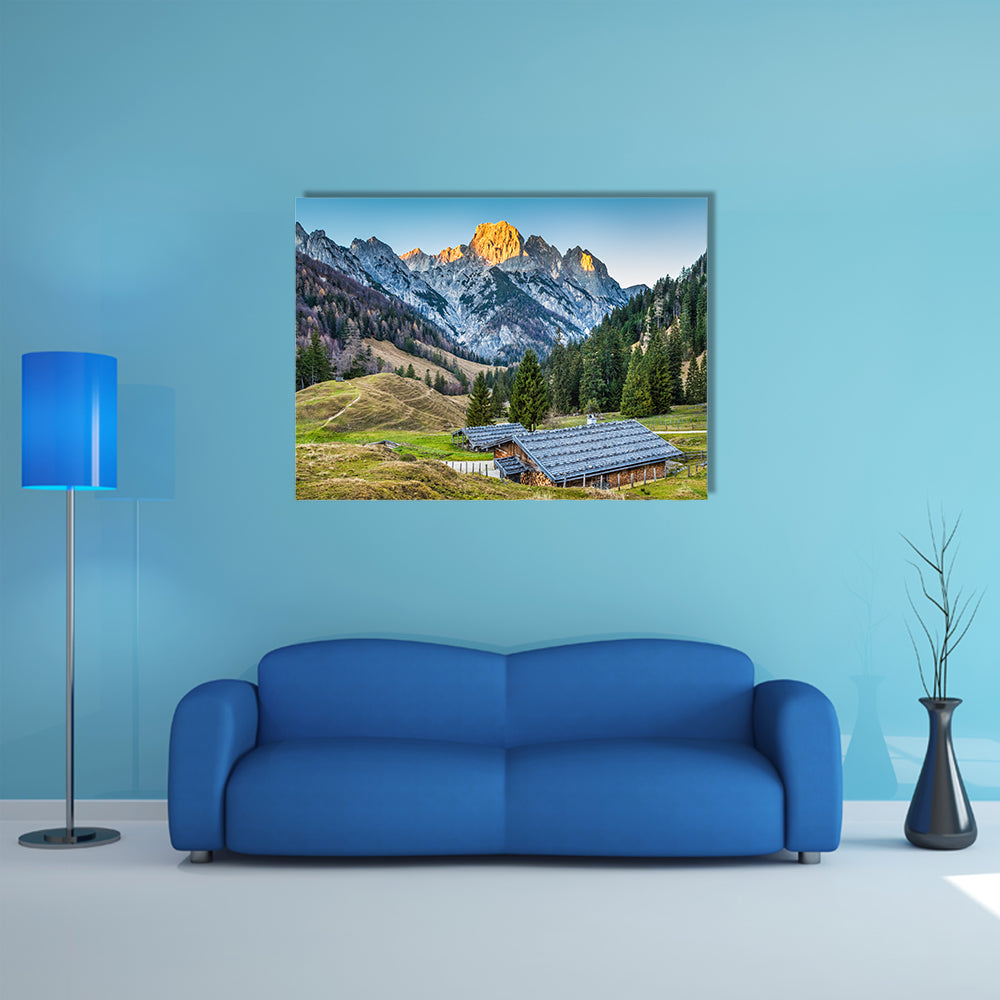 Beautiful landscape in the Alps with traditional mountain chalets multi panel canvas wall art