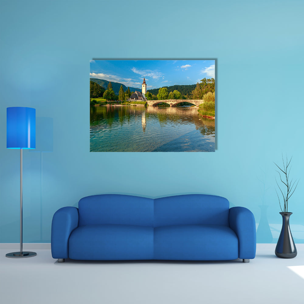 Church of Sv. John the Baptist and a bridge by the Bohinj Lake, Slovenia multi panel canvas wall art