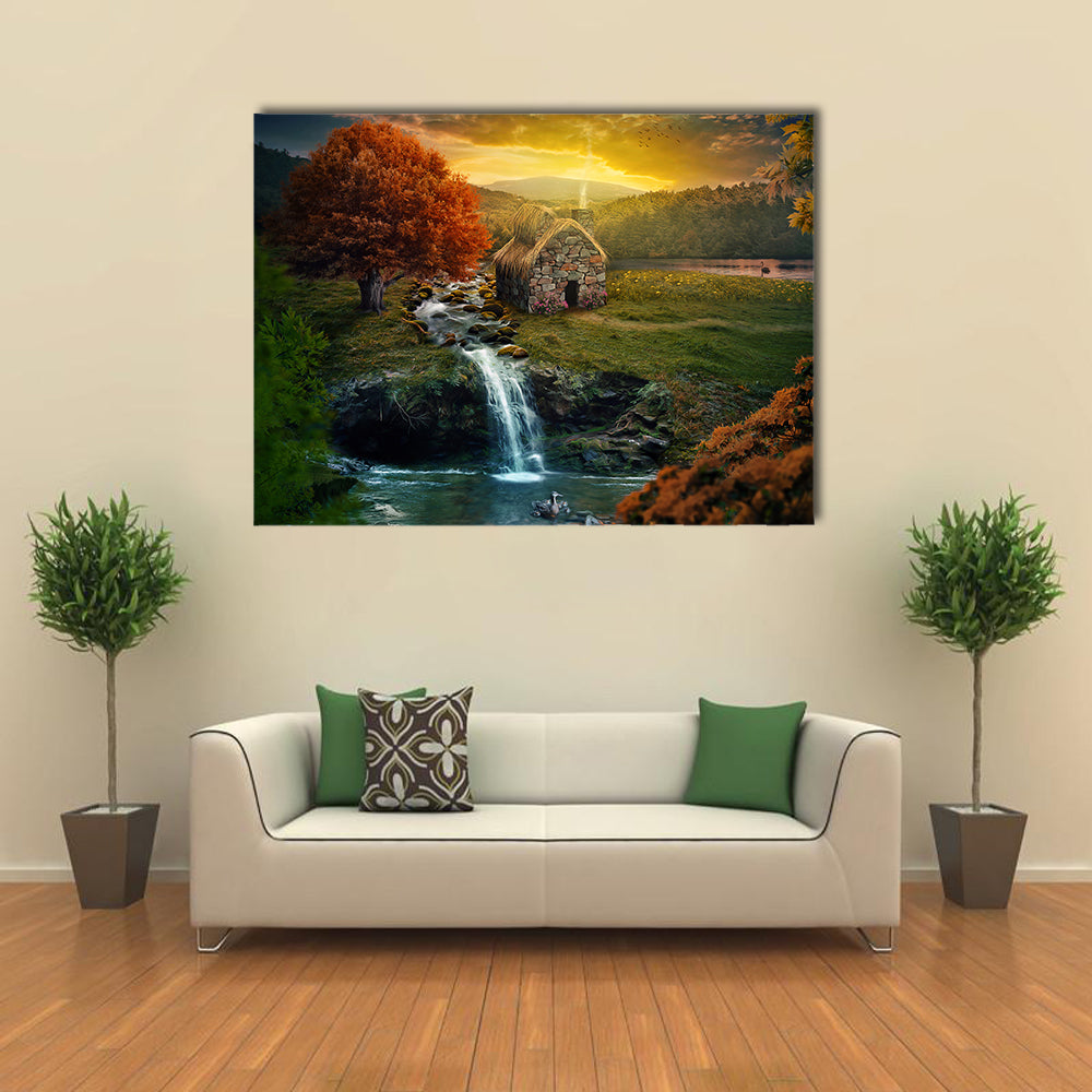 Beautiful nature scene with cottage in the mountains near a stream multi panel canvas wall art