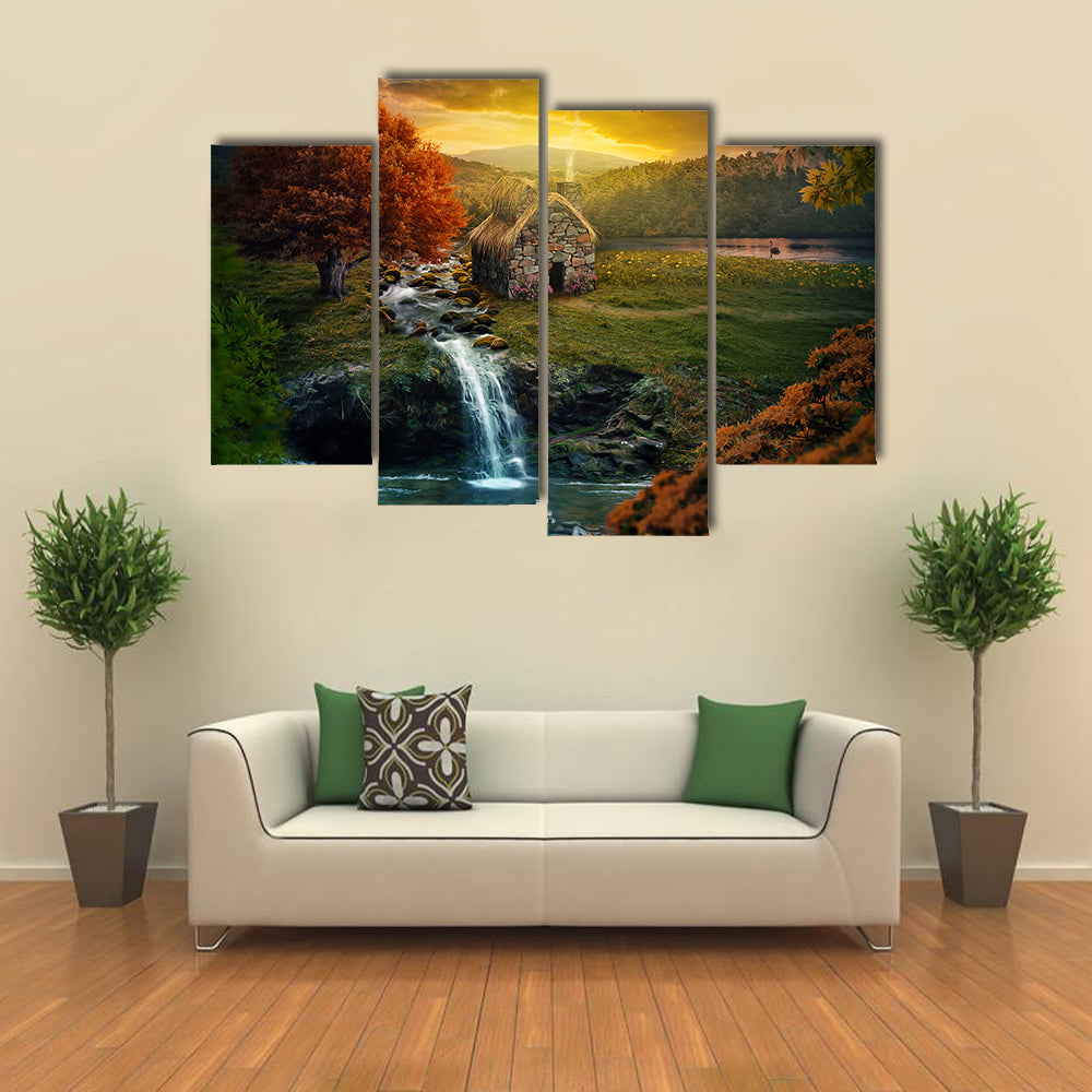 Beautiful nature scene with cottage in the mountains near a stream multi panel canvas wall art