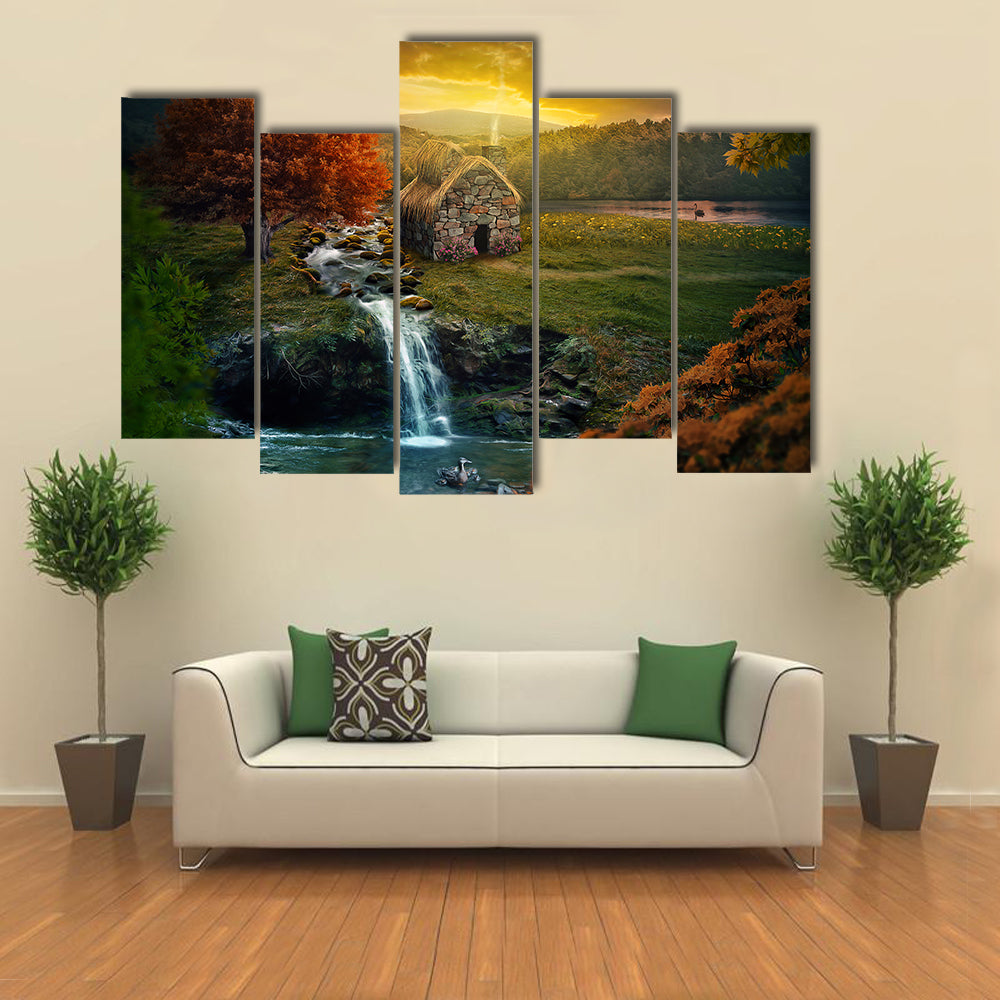 Beautiful nature scene with cottage in the mountains near a stream multi panel canvas wall art