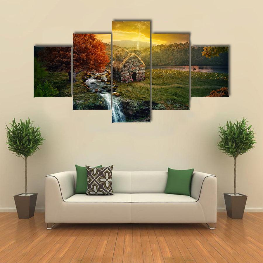 Beautiful nature scene with cottage in the mountains near a stream multi panel canvas wall art