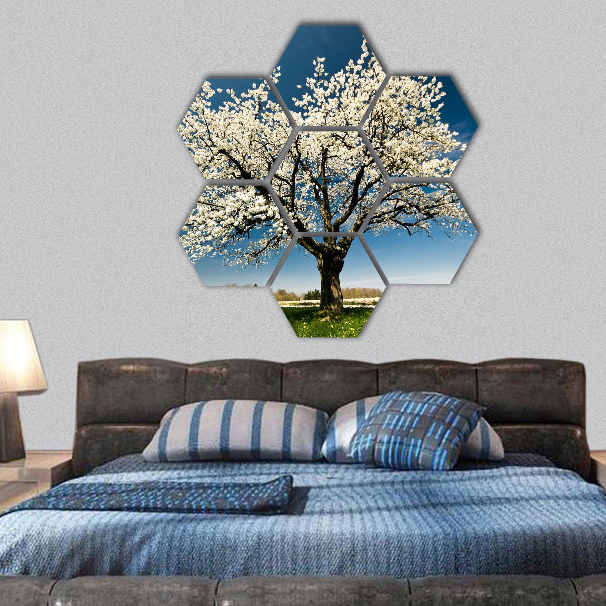 Single blossoming tree in spring hexagonal canvas wall art