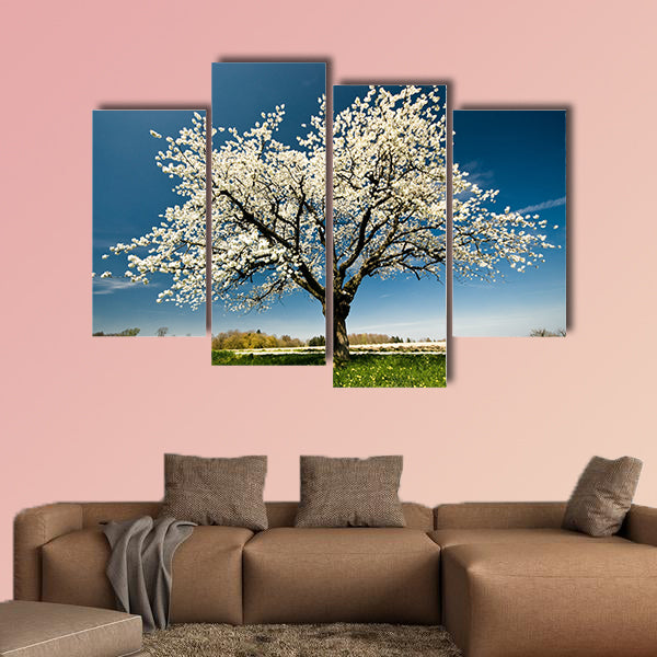 Single blossoming tree in spring multi panel canvas wall art