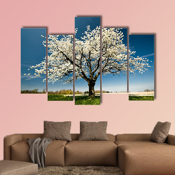 Single blossoming tree in spring multi panel canvas wall art