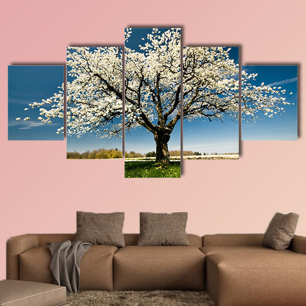 Single blossoming tree in spring multi panel canvas wall art