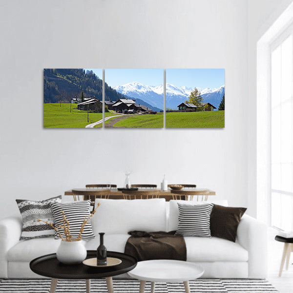 Small farm in Swiss alps Bodmen, Valais, Switzerland panoramic canvas wall art