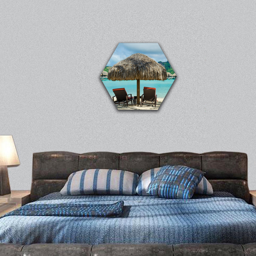 White sand beach with lagoon and the tropical island hexagonal canvas wall art