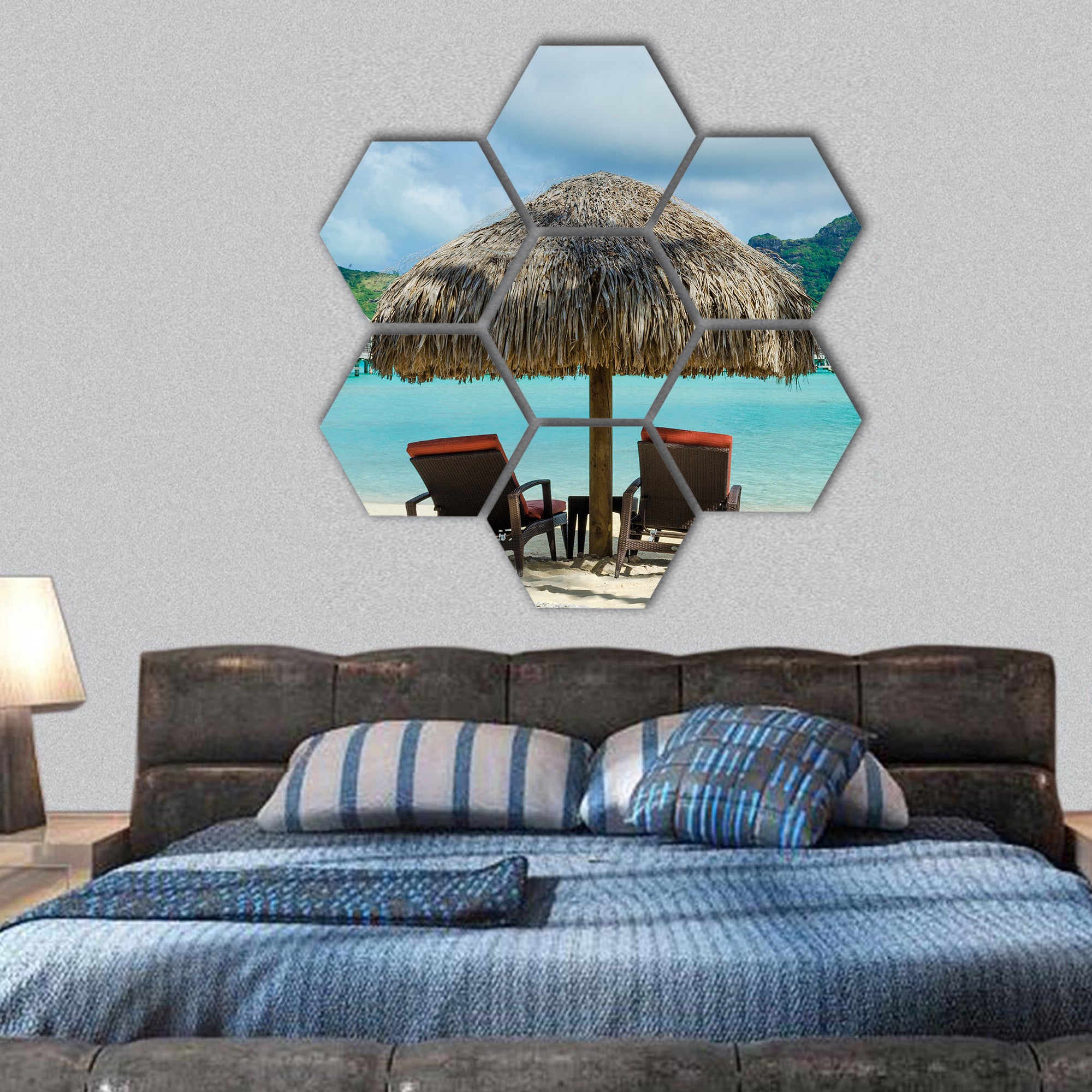 White sand beach with lagoon and the tropical island hexagonal canvas wall art
