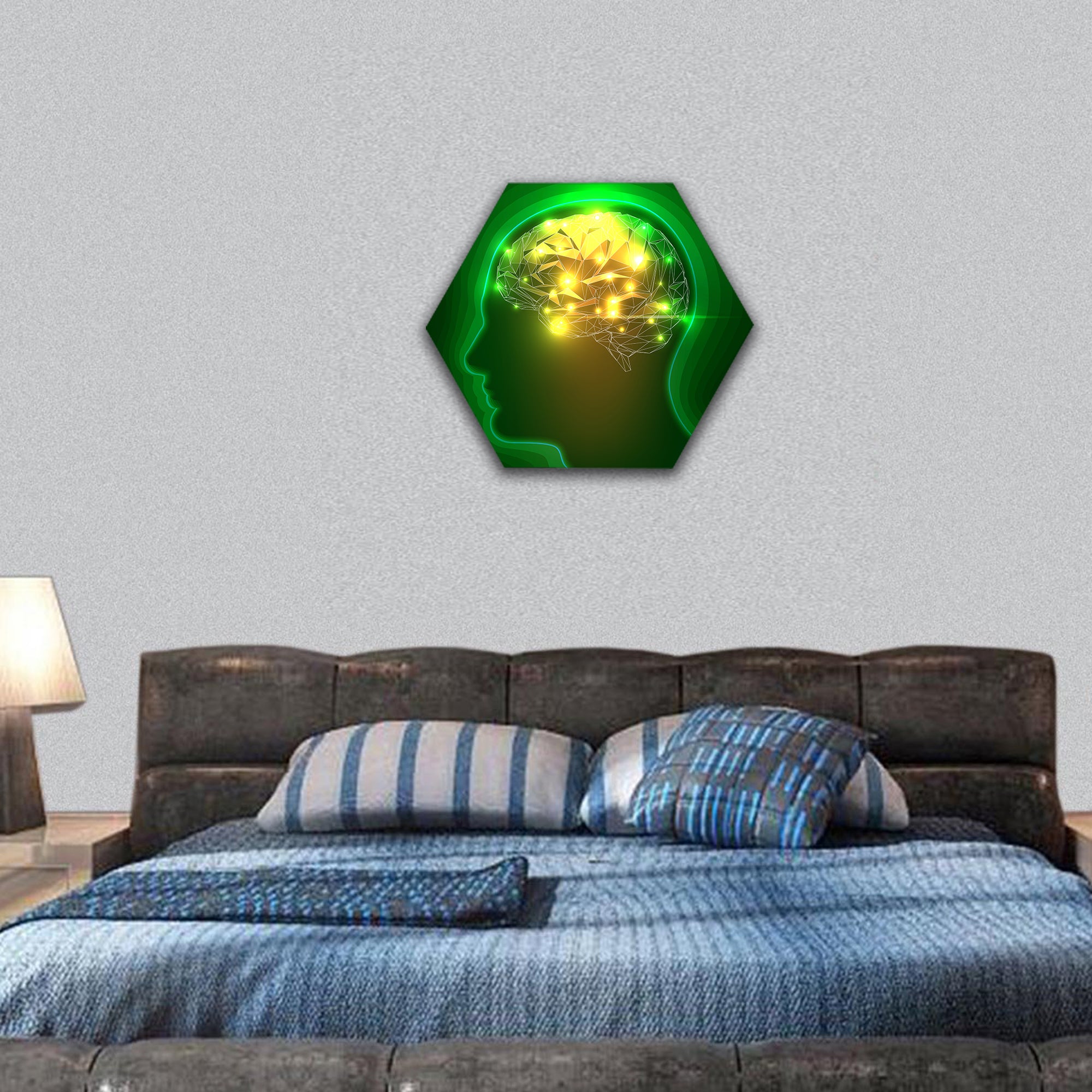 Human Head Silhouette with a Brain hexagonal canvas wall art