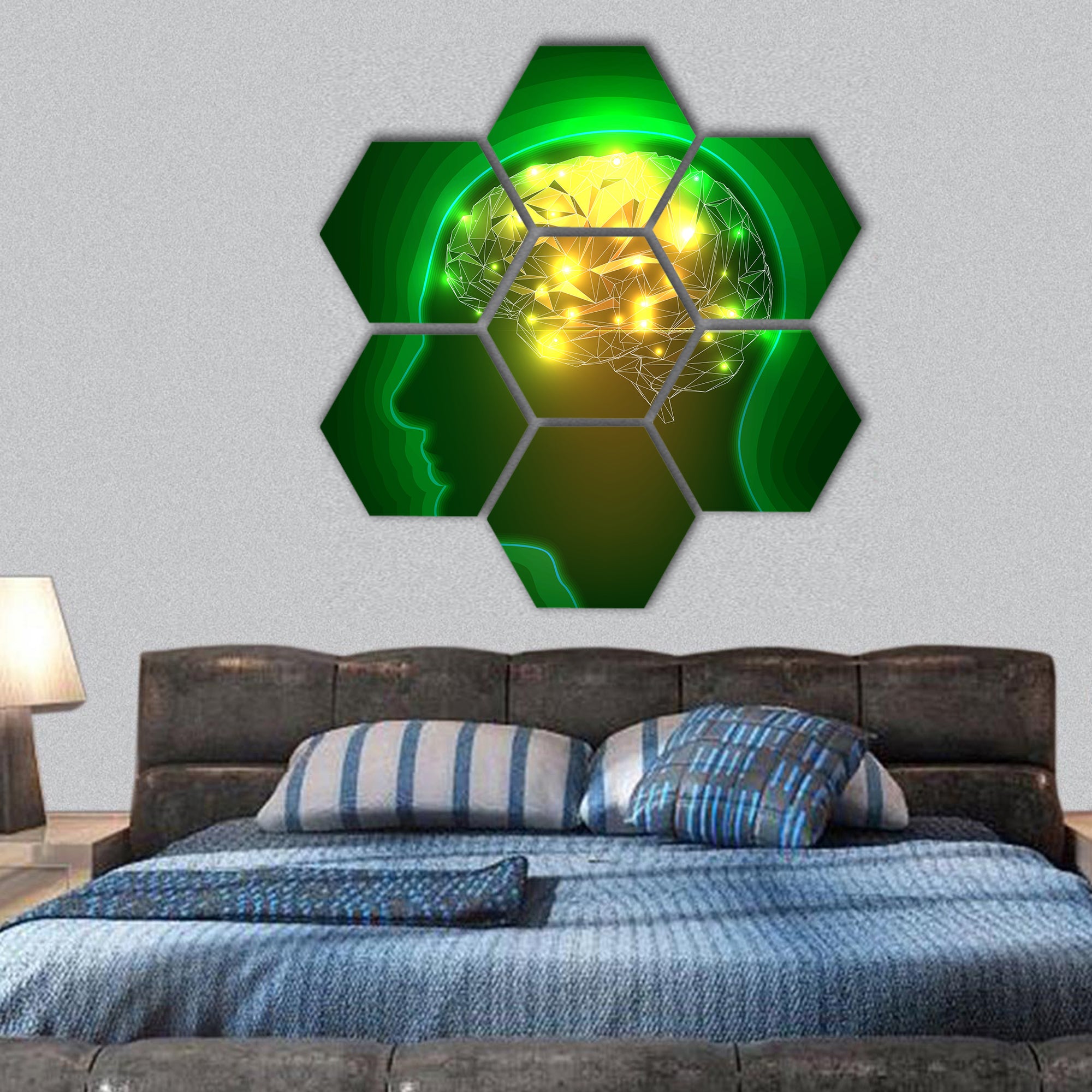 Human Head Silhouette with a Brain hexagonal canvas wall art