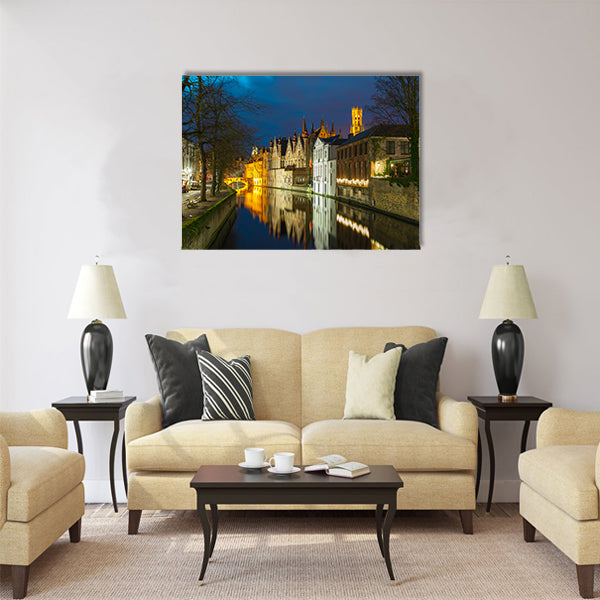 Night cityscape with a tower Belfort and Green canal Multi panel canvas wall art