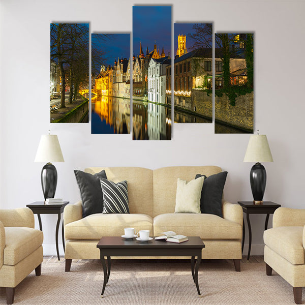 Night cityscape with a tower Belfort and Green canal Multi panel canvas wall art