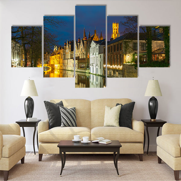 Night cityscape with a tower Belfort and Green canal Multi panel canvas wall art