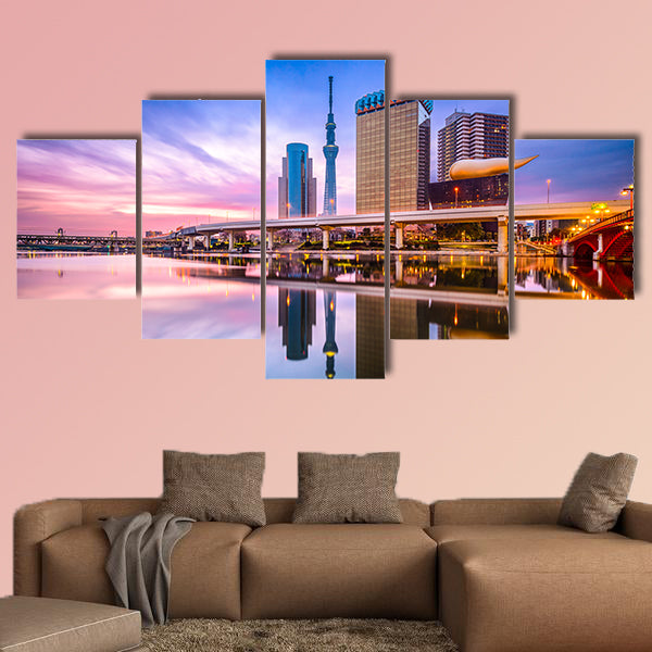 Tokyo, Japan skyline on the Sumida River at dawn multi panel canvas wall art