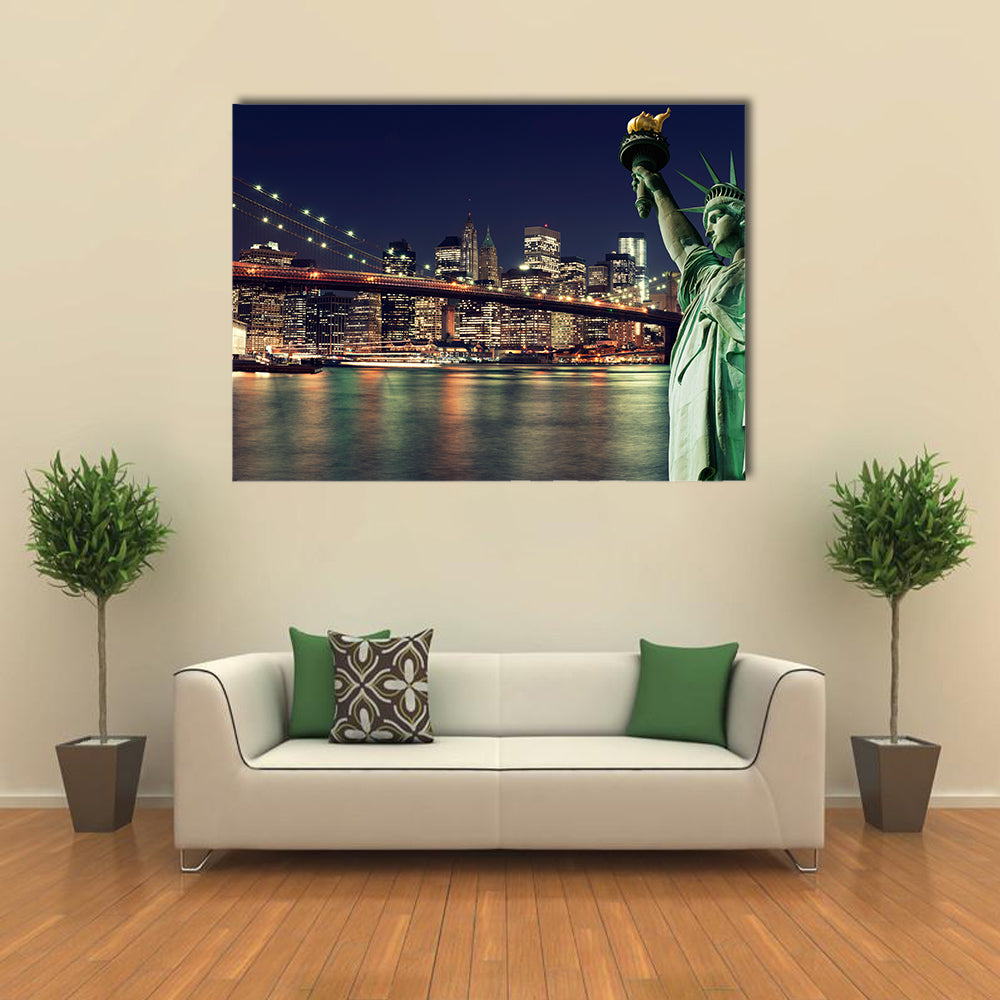 Brooklyn Bridge and the Statue of Liberty at Night, New York City Building Multi panel canvas Wall art