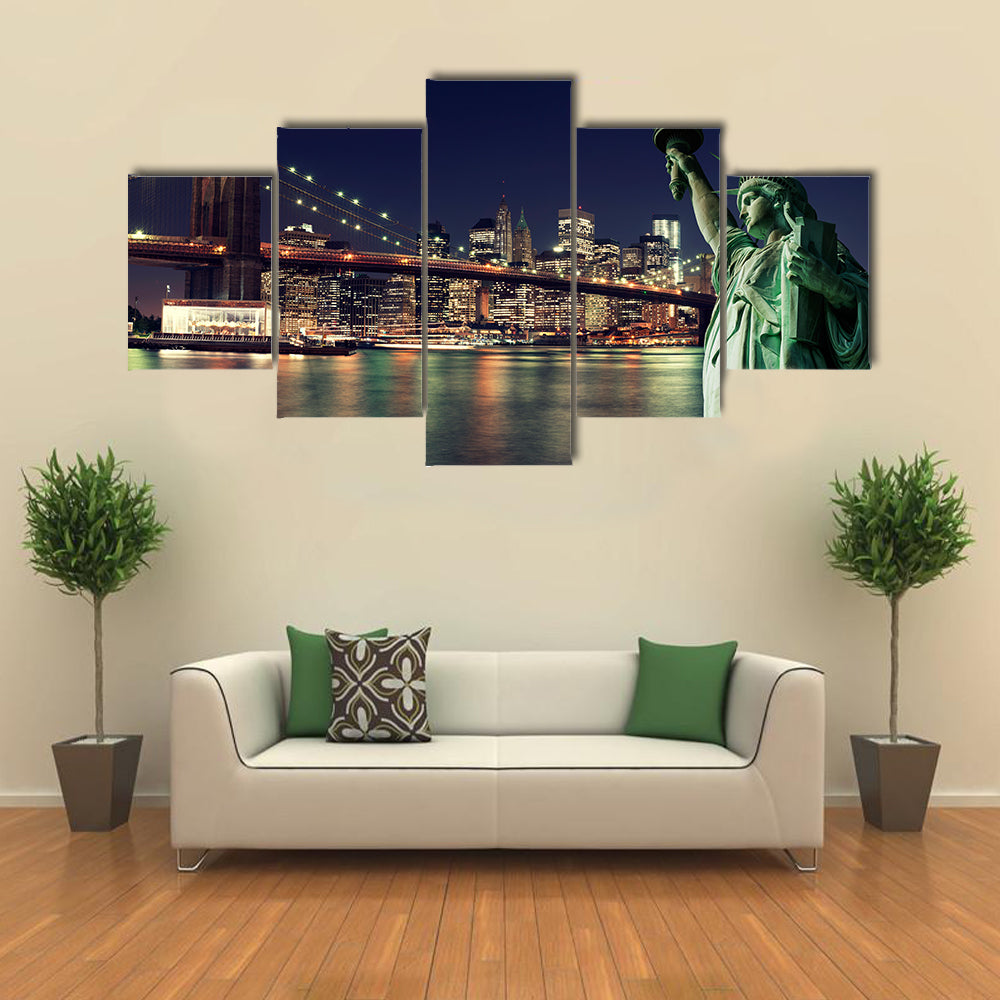 Brooklyn Bridge and the Statue of Liberty at Night, New York City Building Multi panel canvas Wall art