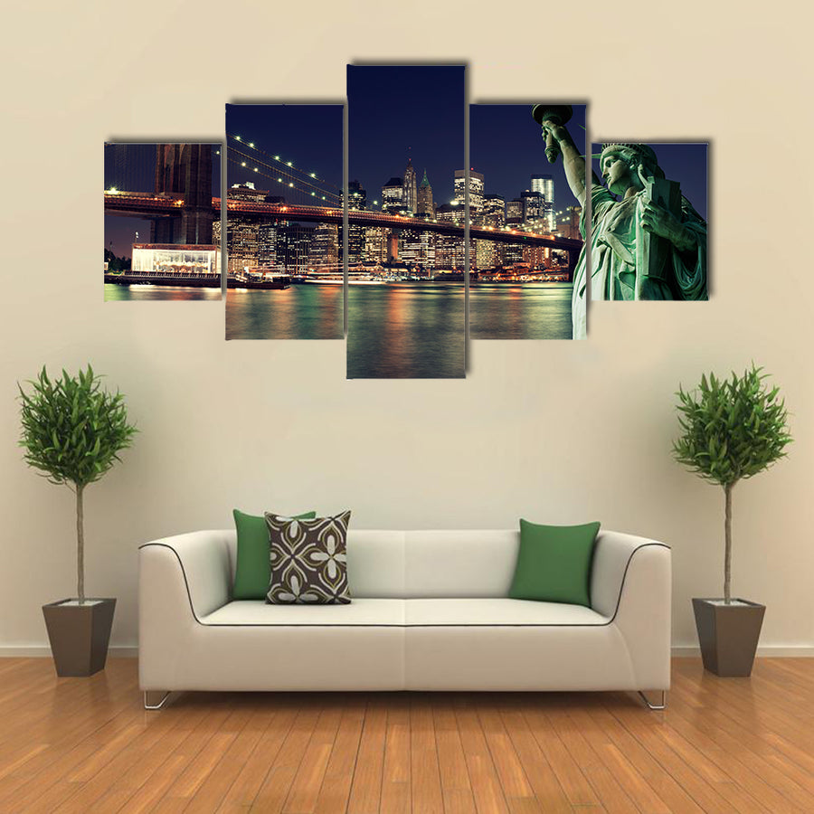 Brooklyn Bridge and the Statue of Liberty at Night, New York City Building Multi panel canvas Wall art
