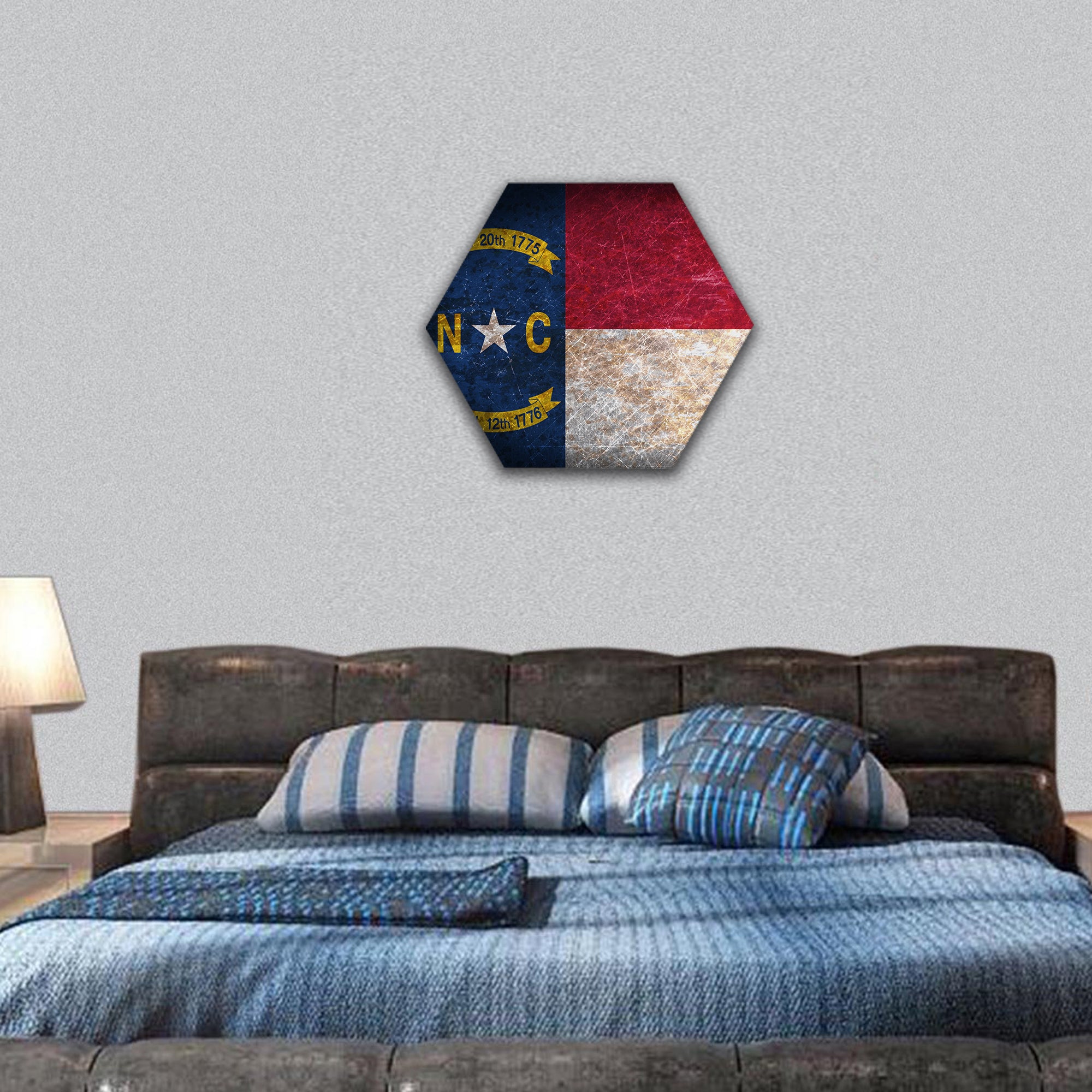 Old rusty metal sign with a flag - North Carolina hexagonal canvas wall art