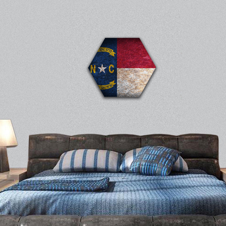 Old rusty metal sign with a flag - North Carolina hexagonal canvas wall art